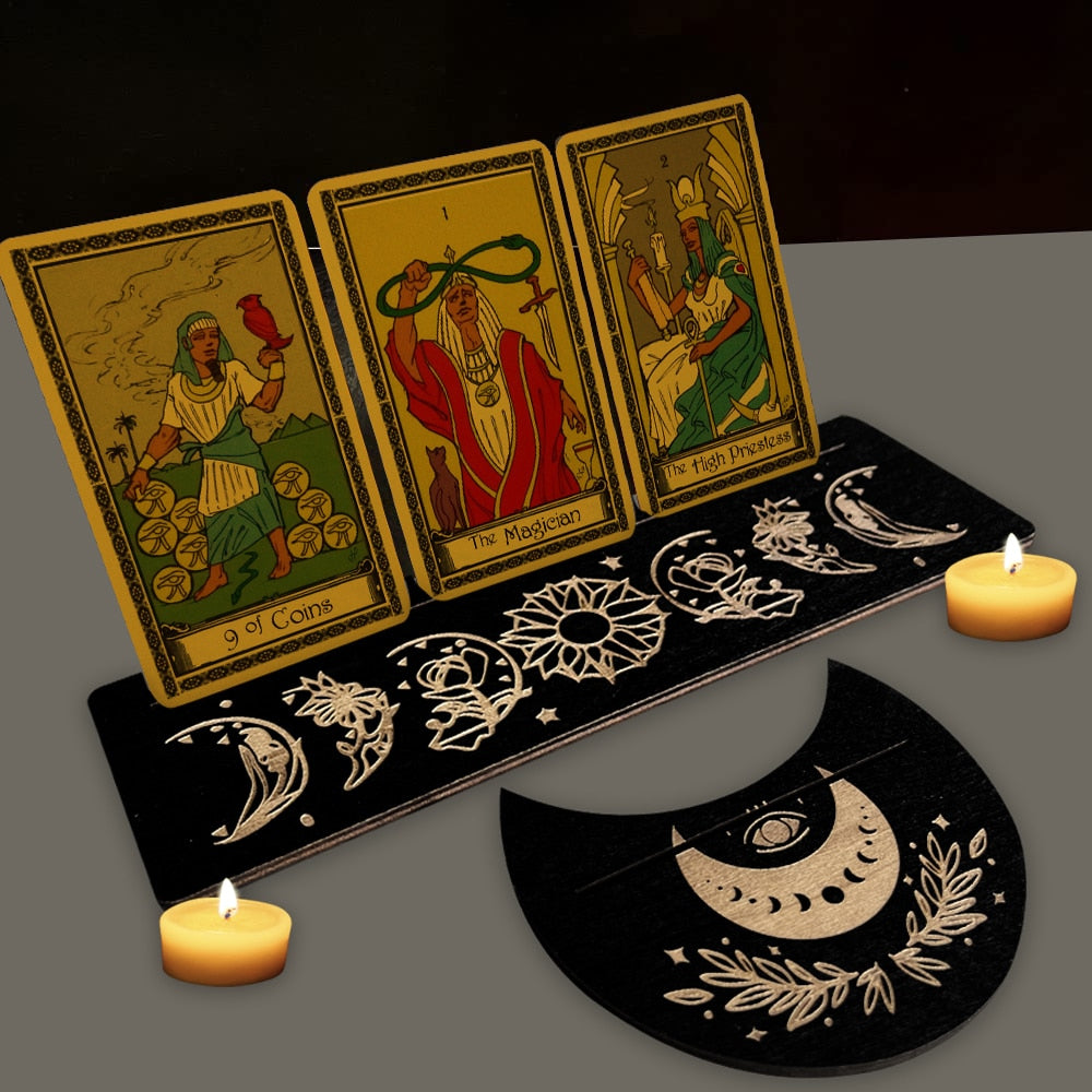 This Wood Tarot Card Holder Stand Set is made of natural wood which is beautifully carved with the moon phases or spiritual symbolism perfect for displaying tarot, oracle, Lenormand or Kipper cards.  Shop Neometacosmic.com