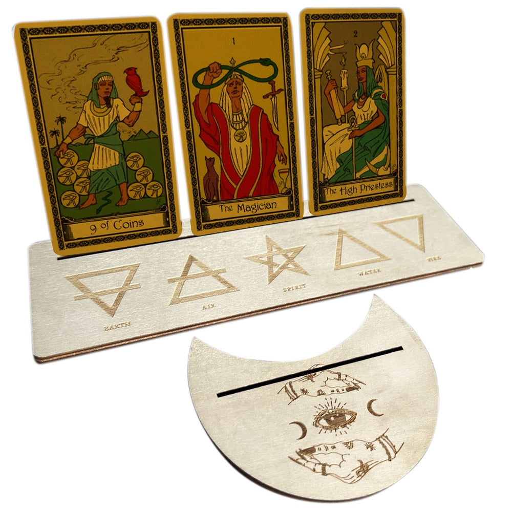 This Wood Tarot Card Holder Stand Set is made of natural wood which is beautifully carved with the moon phases or spiritual symbolism perfect for displaying tarot, oracle, Lenormand or Kipper cards.  Shop Neometacosmic.com