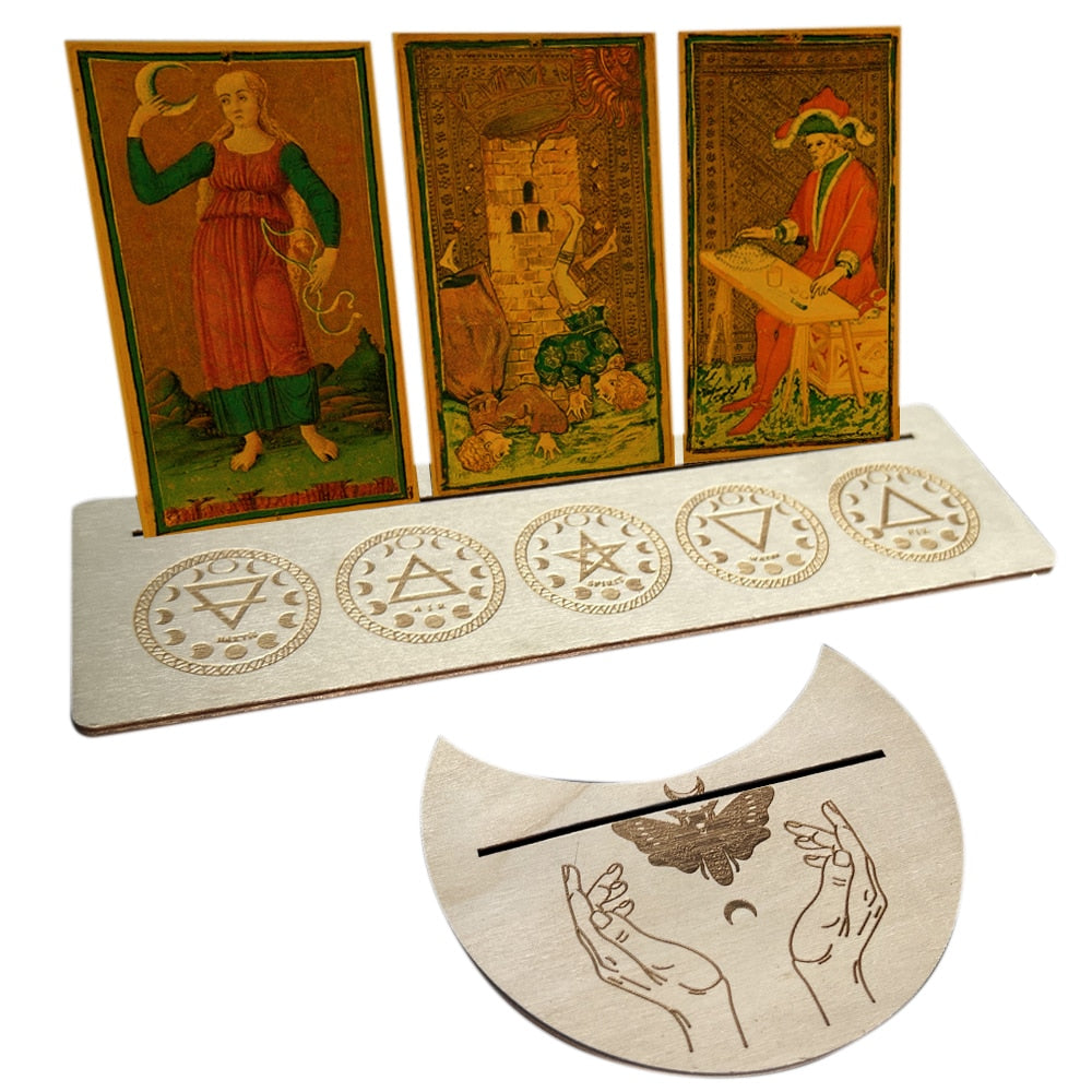 This Wood Tarot Card Holder Stand Set is made of natural wood which is beautifully carved with the moon phases or spiritual symbolism perfect for displaying tarot, oracle, Lenormand or Kipper cards.  Shop Neometacosmic.com