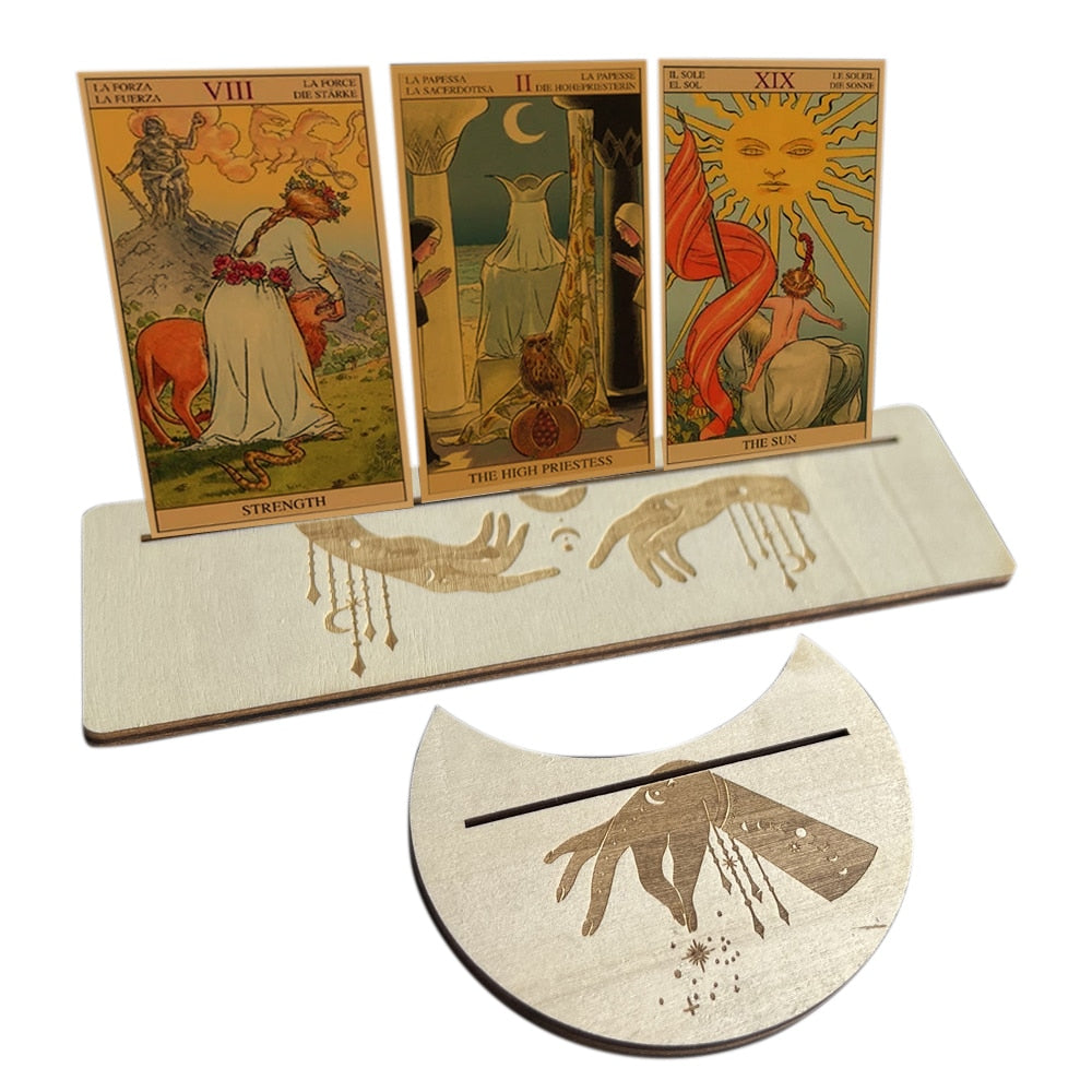 This Wood Tarot Card Holder Stand Set is made of natural wood which is beautifully carved with the moon phases or spiritual symbolism perfect for displaying tarot, oracle, Lenormand or Kipper cards.  Shop Neometacosmic.com