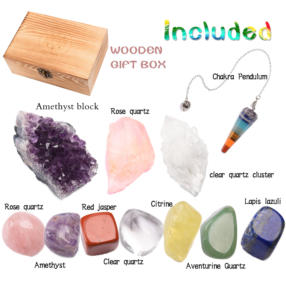 This 11 piece crystal kit is packaged to include an amethyst cluster, clear quartz cluster, raw rose quartz, a dowsing pendulum and 7 tumbled crystals. Although each crystal is unique, all natural crystals vary in shape, size and colour. Neometacosmic.com