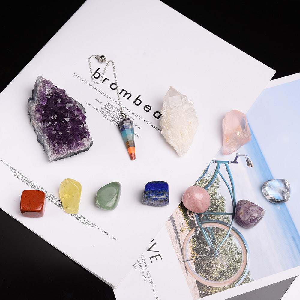 This 11 piece crystal kit is packaged to include an amethyst cluster, clear quartz cluster, raw rose quartz, a dowsing pendulum and 7 tumbled crystals. Although each crystal is unique, all natural crystals vary in shape, size and colour. Neometacosmic.com