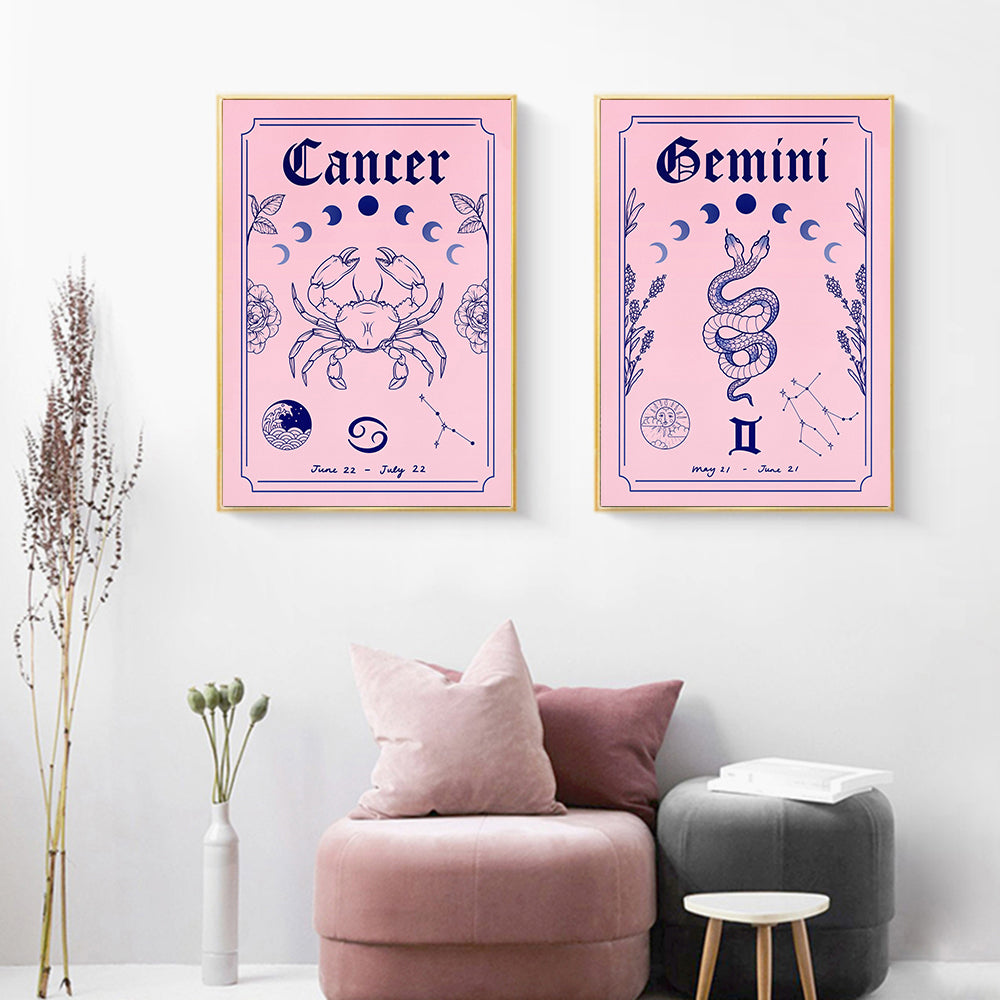 This Pink Bohemian Astrology Canvas Wall Art Print is a high-quality canvas print. The mid-century modern decor uses environmental protection ink, waterproof, UV resistant, not easy to fade. Comes in a variety of zodiac signs and sizes. Frame is NOT included. Neometacosmic.com