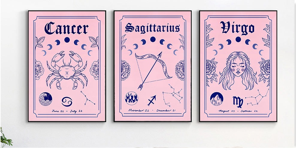 This Pink Bohemian Astrology Canvas Wall Art Print is a high-quality canvas print. The mid-century modern decor uses environmental protection ink, waterproof, UV resistant, not easy to fade. Comes in a variety of zodiac signs and sizes. Frame is NOT included. Neometacosmic.com