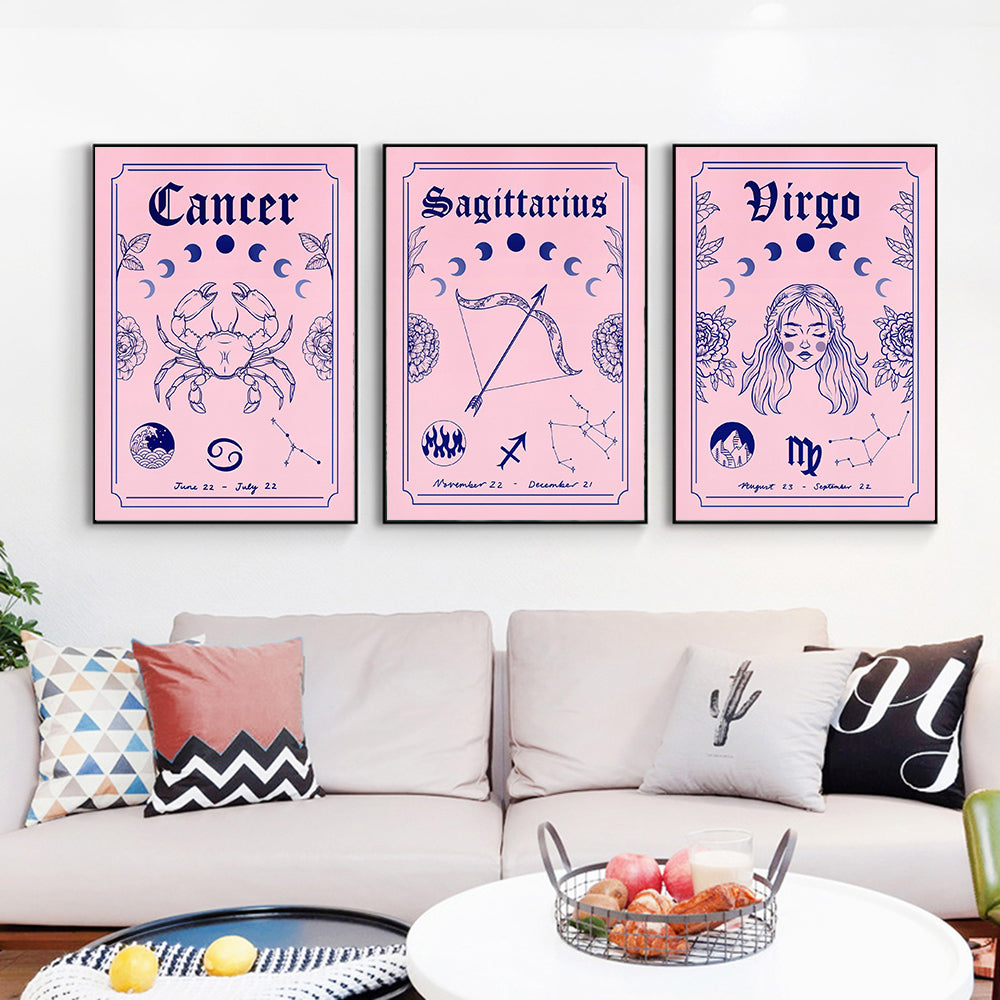 This Pink Bohemian Astrology Canvas Wall Art Print is a high-quality canvas print. The mid-century modern decor uses environmental protection ink, waterproof, UV resistant, not easy to fade. Comes in a variety of zodiac signs and sizes. Frame is NOT included. Neometacosmic.com